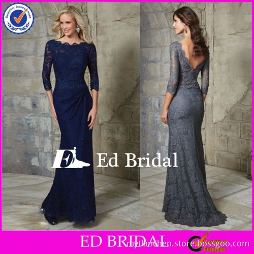 NN18 Elegant Bateau Neckline Floor Length Navy Lace Long Sleeve Mother Of The Bride Dress